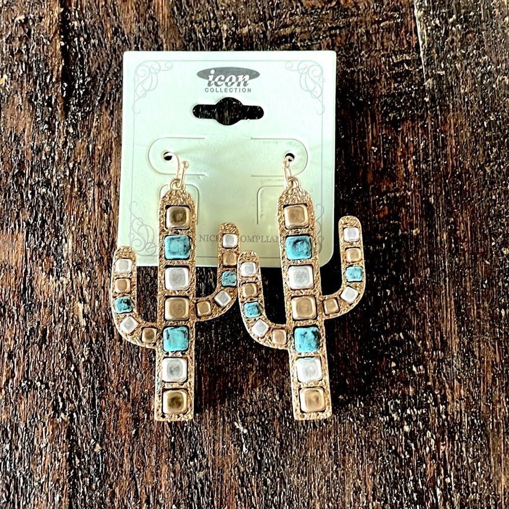 GOLDTONEĀ TURQUOISE, GOLD AND SILVER CUBE BEAD CACTUS EARRINGS